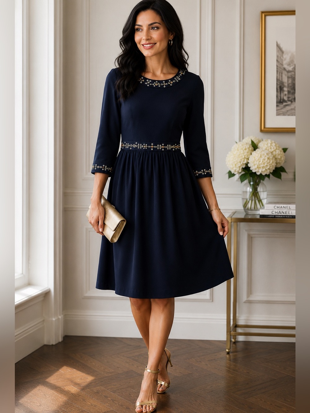 Athe Vanessa Bruno Navy 100% Silk Embellished Fit & Flare Dress Size Small (36)